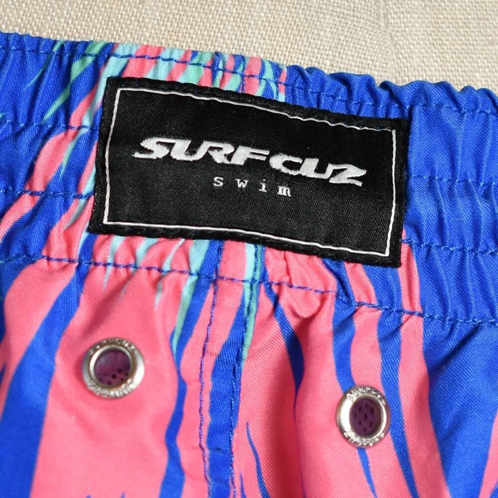 Surfcuz Blue/Pink Leaf Print Swim Trunks Lined - Size XXL